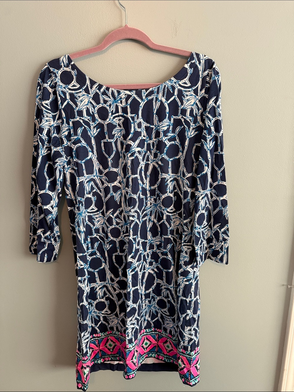 Lilly Pulitzer Navy Printed Long Sleeve Shift Dress with Pink Border